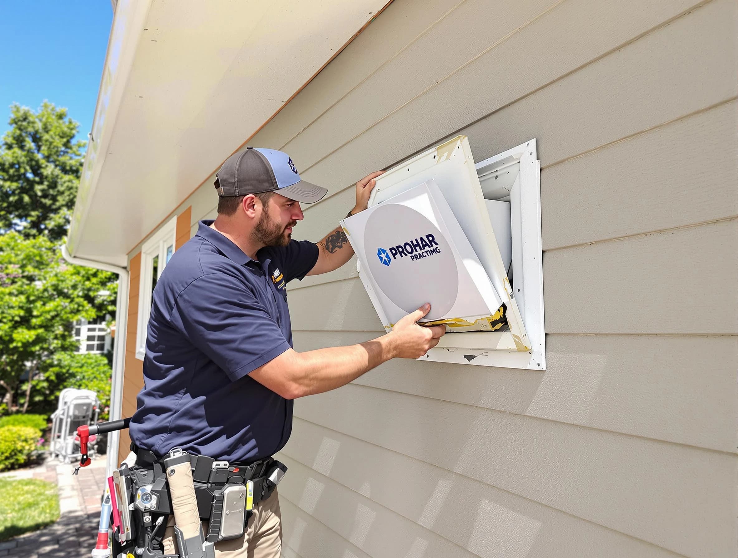 Rio Communities Dryer Vent Cleaning technician installing a new protective dryer vent cover on a home in Rio Communities