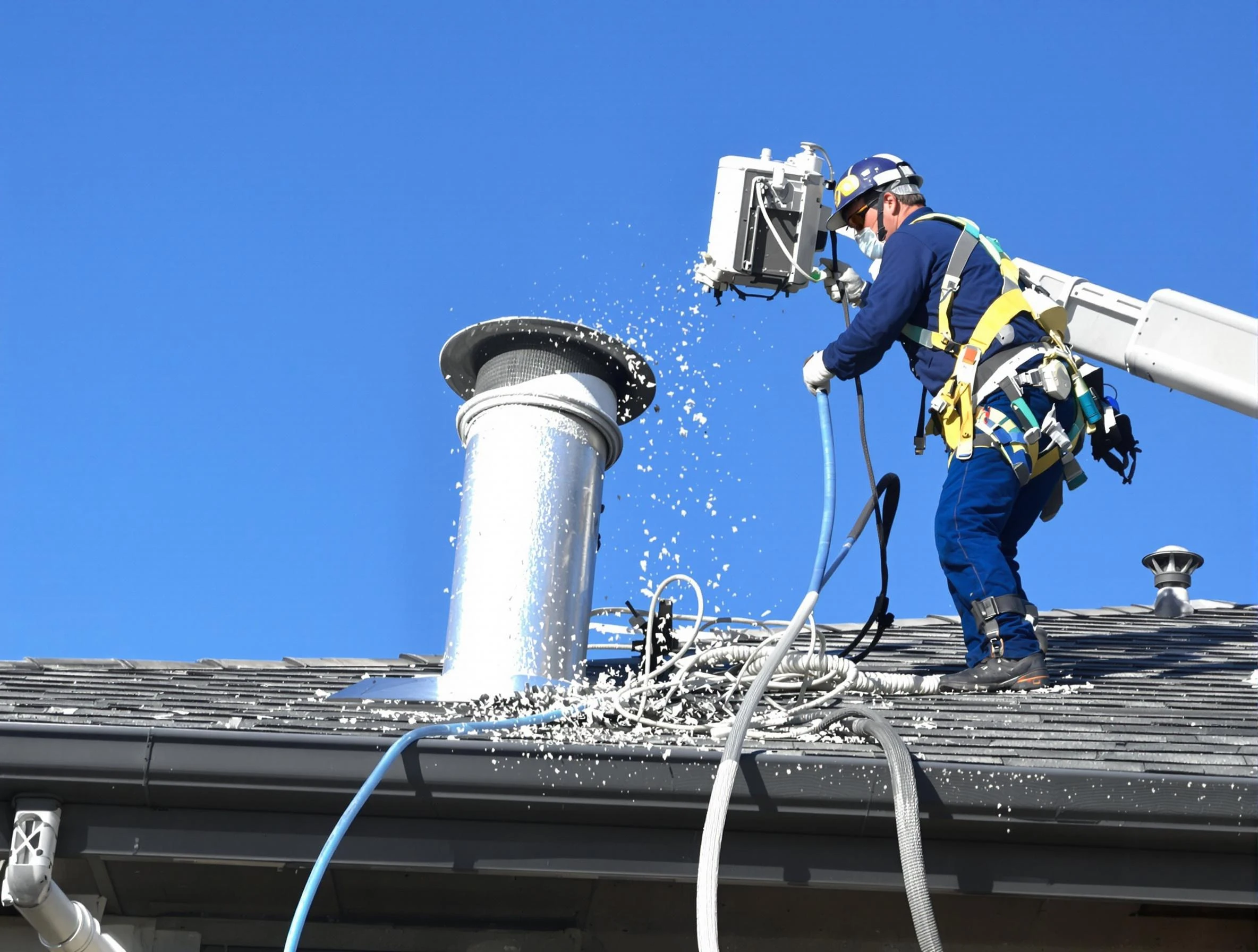 Rio Communities Dryer Vent Cleaning certified technician safely cleaning a roof-mounted dryer vent in Rio Communities