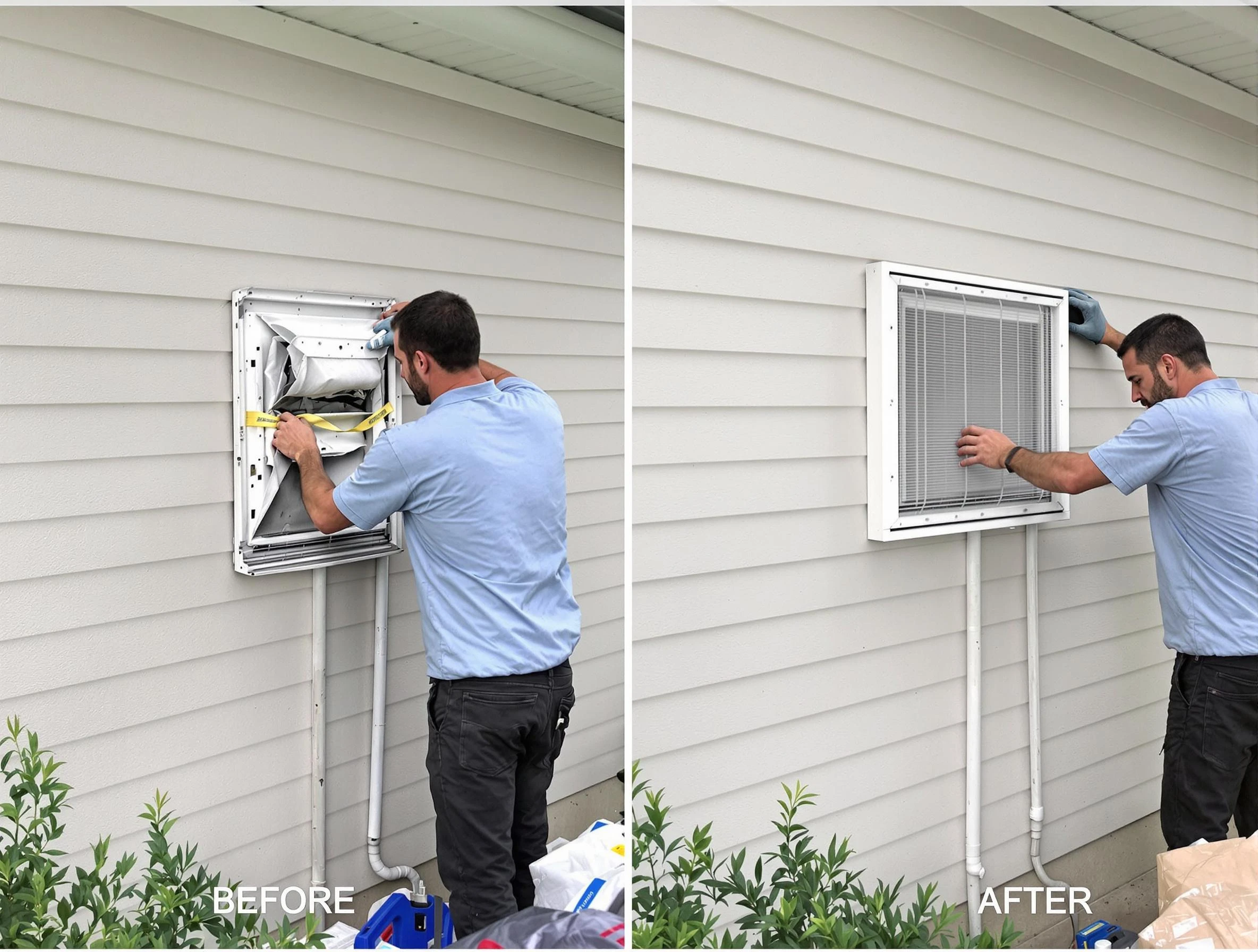 Rio Communities Dryer Vent Cleaning technician installing high-quality dryer vent cover at a residential property in Rio Communities